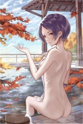 Rule 34 | 1girl, anatomy, ass, autumn leaves, back, bad id, bad pixiv id, blue hair, blue sky, blush, breasts, brown eyes, bucket, building, closed mouth, commentary request, completely nude, covering privates, day, dimples of venus, falling leaves, from behind, hayami kanade, holding, holding towel, idolmaster, idolmaster cinderella girls, leaf, looking back, medium breasts, nude, nude cover, onsen, outdoors, parted bangs, roki (0214278), short hair, sideboob, sitting, sky, smile, solo, towel, water, wooden bucket