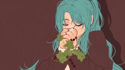 Rule 34 | 1girl, alternate costume, aqua hair, black nails, blending, brown background, brown jacket, closed eyes, covering own mouth, hatsune miku, highres, jacket, leaf, long hair, long sleeves, own hands together, plant, shirt, simple background, solo, syooooyoooo, upper body, vines, vocaloid, white shirt
