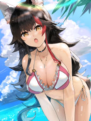Rule 34 | 1girl, animal ear fluff, animal ears, beach, bent over, bikini, black hair, breasts, choker, cleavage, funi mu9, halterneck, halterneck, highres, hololive, large breasts, lens flare, long hair, looking at viewer, multicolored hair, ookami mio, open mouth, outdoors, red hair, spiked hair, streaked hair, swimsuit, tail, very long hair, virtual youtuber, wolf ears, wolf girl, wolf tail, yellow eyes