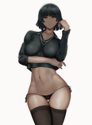 Rule 34 | 1girl, absurdres, arm under breasts, black panties, black thighhighs, blouse, breasts, cowboy shot, cropped legs, expressionless, fubuki (one-punch man), green eyes, green shirt, highres, jewelry, large breasts, long sleeves, looking at viewer, narrow waist, necklace, one-punch man, panties, shirt, short hair, simple background, sleeves rolled up, thighhighs, thighs, underwear, white background, zaki (zaki btw)