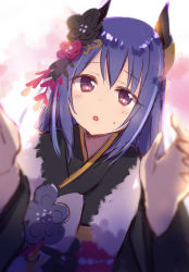 Rule 34 | 1girl, black kimono, blue hair, blurry, blurry foreground, blush, brown eyes, curled horns, demon horns, depth of field, gucchiann, hair ornament, highres, horns, japanese clothes, kimono, long hair, long sleeves, looking at viewer, obi, parted lips, princess connect!, rei (new year) (princess connect!), rei (princess connect!), sash, solo, sweat, upper body