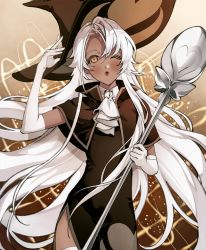 Rule 34 | 1girl, brown background, brown hat, capelet, cookie run, dark-skinned female, dark skin, gloves, gradient background, hat, humanization, latte cookie, lips, long hair, looking at viewer, meiyunn, one eye closed, personification, solo, staff, thighhighs, white hair, white thighhighs, witch hat