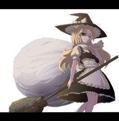 Rule 34 | 1girl, apron, blonde hair, bow, braid, broom, brown eyes, carrying, female focus, frills, from below, grin, hat, kirisame marisa, letterboxed, long hair, one eye closed, puffy sleeves, ranka (tonbo), sack, simple background, skirt, smile, solo, touhou, white background, wink, witch, witch hat
