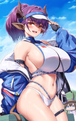 Rule 34 | 2girls, absurdres, animal ears, arknights, bikini, blue jacket, blush, breasts, cho!cho!, cow ears, cow horns, curvy, fingerless gloves, gloves, highres, horns, huge breasts, jacket, long sleeves, looking at viewer, multiple girls, navel, official alternate costume, outdoors, purple hair, sideboob, sideroca (arknights), sideroca (light breeze) (arknights), sky, smile, stomach, swimsuit, tail, thigh strap, thighs, white bikini