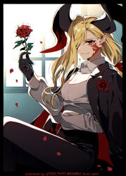 Rule 34 | 1girl, alternate costume, black gloves, black horns, black pants, blonde hair, clothes on shoulders, dragon horns, facial mark, fate/grand order, fate (series), flower, gloves, hair over one eye, highres, holding, holding flower, horns, indoors, long hair, long sleeves, looking at viewer, meiji ken, nero claudius (fate), nero claudius (fate) (all), pants, pointy ears, queen draco (fate), queen draco (third ascension) (fate), red eyes, red flower, red rose, rose, shirt, smile, solo, wavy hair, white shirt