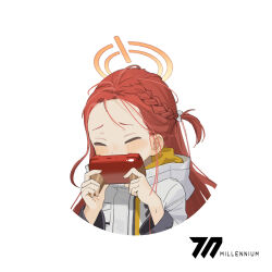Rule 34 | 1girl, blue archive, blush, bow, braid, closed eyes, elena zao, frown, hair bow, halo, handheld game console, highres, holding, holding handheld game console, hood, hood down, hooded jacket, jacket, long hair, red hair, side braid, simple background, solo, upper body, white background, white bow, yuzu (blue archive)