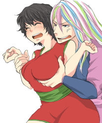 Rule 34 | 10s, black hair, blush, grabbing another&#039;s breast, breasts, brother and sister, closed eyes, grabbing, holding another&#039;s wrist, multicolored hair, rin (toriko), sani (toriko), siblings, toriko (series)