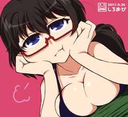 Rule 34 | 10s, 1girl, blue eyes, blush, breasts, brown hair, cleavage, girls und panzer, glasses, large breasts, oryou (girls und panzer), solo