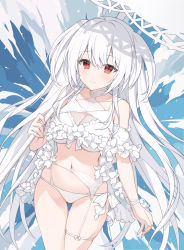 Rule 34 | 1girl, ahoge, bare shoulders, bikini, breasts, closed mouth, collarbone, commentary request, covered collarbone, fate/grand order, fate (series), garter belt, hair between eyes, highres, holding, holding umbrella, jyt, long hair, looking at viewer, medium breasts, merlin (fate/prototype), navel, red eyes, smile, solo, swimsuit, thigh gap, two side up, umbrella, very long hair, water, white bikini, white hair, white umbrella
