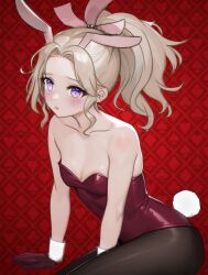 Rule 34 | 1girl, animal ears, bare shoulders, blonde hair, blush, breasts, brown pantyhose, cleavage, fake animal ears, final fantasy, final fantasy vi, gloves, highres, leotard, on floor, pantyhose, playboy bunny, ponytail, purple eyes, rabbit ears, rabbit tail, red leotard, small breasts, solo, strapless, strapless leotard, tail, tina branford, yua 666666