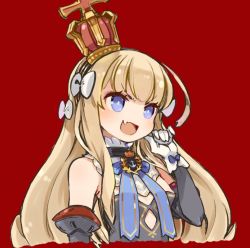 Rule 34 | 1girl, :d, anchor symbol, areola slip, azur lane, bare shoulders, blonde hair, blue bow, blue eyes, blue ribbon, blush, bow, breasts, bright pupils, cross, crown, detached sleeves, dress, drill hair, eyebrows, eyelashes, facing away, fang, gloves, hair bow, hairband, long hair, long sleeves, looking away, mini crown, mota, no bra, no nose, open mouth, palms, queen elizabeth (azur lane), red background, ribbon, ringlets, sidelocks, simple background, small breasts, smile, solo, strapless, strapless dress, striped ribbon, tongue, upper body, white bow, white gloves