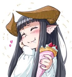 Rule 34 | 1girl, animal ears, black hair, blunt bangs, blush, closed eyes, closed mouth, commentary request, cream, crepe, eating, food, food on face, fruit, hand on own cheek, hand on own face, holding, holding food, horned girl (jaco), horns, jaco, long hair, long sleeves, nail polish, original, pink nails, simple background, smile, solo, sparkle, strawberry, white background