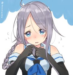 Rule 34 | 1girl, ahoge, bare shoulders, black gloves, black shirt, blue eyes, blue neckerchief, blush, braid, breasts, dx (dekusu), elbow gloves, flying sweatdrops, gloves, grey hair, head tilt, holding, holding hair, kantai collection, long hair, looking away, looking to the side, low twintails, medium breasts, neckerchief, nose blush, parted lips, shirt, sleeveless, sleeveless shirt, solo, tears, twin braids, twintails, twitter username, umikaze (kancolle), very long hair