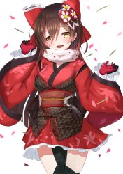 Rule 34 | 1girl, absurdres, blush, bow, brown hair, cherry blossoms, commentary, falling petals, gloves, hair bow, hair ornament, head tilt, highres, hololive, japanese clothes, kimono, long hair, long sleeves, looking at viewer, obi, obijime, open mouth, petals, red bow, red kimono, ringopan, roboco-san, roboco-san (new year), sash, scarf, short kimono, sidelocks, simple background, smile, solo, standing, teeth, tongue, very long hair, virtual youtuber, white background, wide sleeves, yellow eyes
