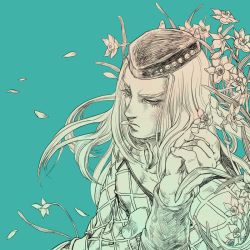 Rule 34 | 1boy, 74-gou (73-gou), aqua background, daffodil, expressionless, fishnets, flower, from side, hand up, hat, jojo no kimyou na bouken, long hair, male focus, monochrome, mouth hold, narciso anasui, petals, solo, upper body, wind