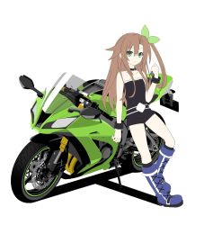 Rule 34 | 1girl, bad id, bad twitter id, bow, brown hair, green eyes, hair bow, highres, if (neptunia), jewelry, motor vehicle, motorcycle, necklace, neptune (series), solo, zero (ray 0805)