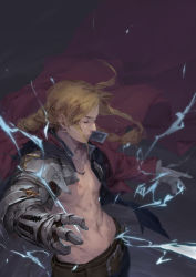Rule 34 | 1boy, abs, ahoge, baraba baba, belt, blonde hair, braid, braided ponytail, cloak, edward elric, electricity, closed eyes, fullmetal alchemist, highres, male focus, mechanical arms, outstretched arms, scar, single braid, single mechanical arm, solo, torn clothes