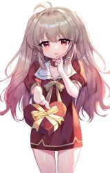 Rule 34 | 1girl, blush, bow, box, brown hair, child, collar, collared shirt, cowboy shot, dress, gift, gift box, hair intakes, hand on own chin, heart-shaped box, holding, holding gift, long hair, looking at viewer, neck ribbon, original, parted lips, picter, puffy short sleeves, puffy sleeves, red eyes, red shirt, ribbon, shirt, short sleeves, solo, two side up, valentine, white background, yellow bow, yellow ribbon