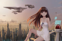 Rule 34 | 1girl, bare shoulders, brown eyes, brown hair, chemise, city, cityscape, cloud, collarbone, dress, dusk, holographic interface, long hair, md5 mismatch, original, realistic, resolution mismatch, ribbon, science fiction, sitting, sky, smile, source larger, spacecraft, youbou