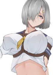 Rule 34 | 1girl, absurdres, bdsm, blue eyes, blue sailor collar, bondage, bound, breast bondage, grabbing another&#039;s breast, breasts, closed mouth, gloves, grabbing, grey hair, hair ornament, hair over one eye, hairclip, hamakaze (kancolle), harris hero, highres, huge breasts, kantai collection, restrained, rope, sailor collar, school uniform, serafuku, shibari, shibari over clothes, short hair, short sleeves, simple background, solo focus, upper body, white background, white gloves, yellow neckwear