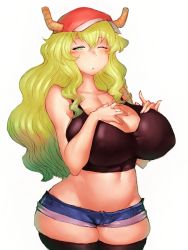 Rule 34 | 10s, 1girl, baseball cap, belly, blonde hair, blush, breast suppress, breasts, cleavage, covered erect nipples, cowboy shot, curvy, denim, denim shorts, dragon girl, fumio (rsqkr), gradient hair, green hair, hat, horns, huge breasts, kobayashi-san chi no maidragon, long hair, looking at viewer, lucoa (maidragon), micro shorts, midriff, monster, monster girl, multicolored hair, navel, one eye closed, plump, short shorts, shorts, simple background, skindentation, solo, tank top, thick thighs, thighs, very long hair, white background, wide hips, yellow eyes