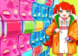 Rule 34 | 1girl, cowboy shot, drawstring, gashapon, gashapon machine, green background, green eyes, green nails, hair ornament, hairclip, hakuro96, holding, jacket, long hair, long sleeves, looking at viewer, multicolored eyes, nail polish, open mouth, orange jacket, original, pointing, red hair, short eyebrows, simple background, smile, solo, sweater, swept bangs, twintails, very long hair, white sweater, yellow eyes