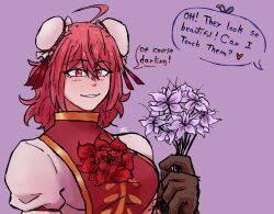 Rule 34 | 1girl, absurdres, ahoge, breasts, bun cover, commentary, double bun, english commentary, english text, flower, hair bun, highres, holding, holding flower, ibaraki kasen, kaku seiga, large breasts, looking at viewer, otaeriaaoba, parted lips, pink eyes, pink hair, red flower, short hair, signature, simple background, speech bubble, touhou, upper body