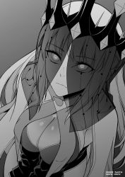 Rule 34 | 1girl, absurdres, bow, braid, breasts, cleavage, crown, dress, f.w.zholic, fate/grand order, fate (series), french braid, greyscale, hair bow, highres, large breasts, long hair, long sleeves, looking at viewer, monochrome, morgan le fay (fate), morgan le fay (queen of winter) (fate), ponytail, sidelocks, solo, two-tone dress, veil, very long hair