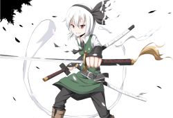 Rule 34 | 1girl, adapted costume, black gloves, boots, brown eyes, brown footwear, fingerless gloves, gloves, holding, holding sword, holding weapon, knee boots, konpaku youmu, konpaku youmu (ghost), looking at viewer, parted lips, sheath, sheathed, short hair, smile, solo, sword, teeth, touhou, weapon, white hair, yiran kuxiao