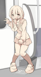Rule 34 | 1girl, blush, breasts, collarbone, embarrassed, female focus, full body, hair tie, hand up, have to pee, highres, kamome shop, kneehighs, knees together feet apart, long sleeves, looking down, miniskirt, monochrome, neckerchief, nose blush, open mouth, original, peeing, peeing self, pigeon-toed, pleated skirt, puddle, sailor collar, school uniform, serafuku, shirt, shoes, skirt, small breasts, socks, solo, standing, tears, train interior, twintails