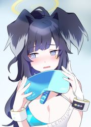 Rule 34 | 1girl, absurdres, animal ears, bare shoulders, black hair, blue archive, blue background, blue eyes, blush, breasts, cleavage, dog ears, dog girl, embarrassed, goggles, gradient background, halo, hibiki (blue archive), hibiki (cheer squad) (blue archive), highres, long hair, looking at viewer, millennium cheerleader outfit (blue archive), open mouth, sasabe opika, solo, twintails, upper body, wrist cuffs, wristband