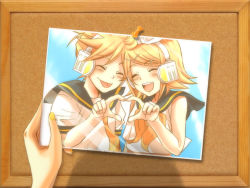 Rule 34 | 1boy, 1girl, :p, bad id, bad pixiv id, blonde hair, blush, brother and sister, ebimayo, closed eyes, hair ornament, hairclip, happy, heart, heart hands, heart hands duo, kagamine len, kagamine rin, photo (object), short hair, siblings, smile, tongue, tongue out, twins, vocaloid