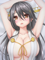 Rule 34 | 10s, 1girl, :o, adapted costume, armpits, bare arms, bare shoulders, black hair, blush, breasts, brown eyes, cleavage, embarrassed, from above, hair between eyes, hair ornament, hairclip, haruna (kancolle), head tilt, headgear, kantai collection, large breasts, long hair, looking at viewer, looking up, lying, on back, open mouth, ribbon, sleeveless, solo, straight hair, tapisuke, tareme, upper body, very long hair, yellow ribbon