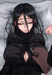 Rule 34 | 1girl, bad id, bad pixiv id, black hair, black shirt, breasts, cleavage, closed eyes, disembodied hand, hair between eyes, hair ornament, hairclip, highres, large breasts, long hair, long sleeves, oofusa shizuko, original, parted lips, partially unbuttoned, ray-k, ribbed shirt, shirt, sleeping, solo focus, upper body