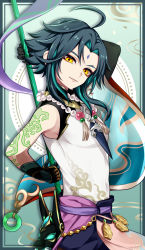 Rule 34 | 1boy, absurdres, ahoge, arm guards, arm tattoo, arm up, arms behind back, bare shoulders, bead necklace, beads, black gloves, black hair, closed mouth, detached sleeves, diamond-shaped pupils, diamond (shape), facial mark, forehead mark, genshin impact, gloves, green gloves, green hair, highres, holding, holding polearm, holding weapon, jewelry, long hair, looking at viewer, male focus, mask, multicolored hair, necklace, parted bangs, polearm, rvve, sleeveless, slit pupils, smile, solo, symbol-shaped pupils, tassel, tattoo, weapon, weapon on back, xiao (genshin impact), yellow eyes