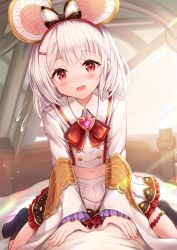 Rule 34 | 1girl, animal ears, black legwear, blush, bow, brooch, commentary request, fake animal ears, flying sweatdrops, girl on top, granblue fantasy, hair bow, hair ornament, hairclip, heart, heart brooch, highres, jewelry, long sleeves, looking at viewer, midriff, mouse ears, navel, no shoes, on bed, open mouth, pleated skirt, red eyes, sakura ani, shirt, short hair, skirt, sleeves past wrists, solo focus, straddling, vikala (granblue fantasy), white shirt, white skirt, wide sleeves