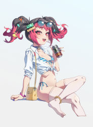 Rule 34 | 1girl, anklet, bag, bikini, bracelet, can, drinking straw, earrings, eyewear on head, hair ornament, handbag, highres, jewelry, leggings, little lady black, metal slug, metal slug attack, multicolored hair, nail polish, no pants, no shoes, open clothes, red eyes, simple background, snk, striped bikini, striped clothes, sunglasses, sunglasses on head, swimsuit, teeth, twintails, upper teeth only, white background, zzzearly