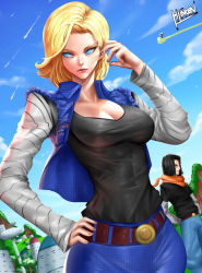 Rule 34 | 1girl, 2boys, android 17, android 18, belt, black shirt, blonde hair, blue eyes, blue pants, blue skirt, blue sky, blue vest, breasts, brother and sister, building, cloud, cloudy sky, day, dragon ball, dragonball z, facing viewer, flying nimbus, hand on own hip, hibren, highres, large breasts, layered sleeves, long sleeves, multiple boys, outdoors, pants, shirt, shirt tucked in, short hair, short over long sleeves, short sleeves, siblings, signature, skirt, sky, solo focus, vest