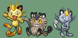 Rule 34 | alolan form, alolan meowth, animal focus, black eyes, cat, commentary request, creature, creatures (company), fangs, full body, galarian and normal, galarian form, galarian meowth, game freak, gen 1 pokemon, gen 7 pokemon, gen 8 pokemon, grin, jon (zyagapi), jumping, looking at viewer, meowth, nintendo, no humans, pixel art, pokemon, pokemon (creature), sitting, smile, sprite, standing