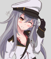 Rule 34 | 10s, 1girl, artist name, black gloves, blush, breasts, cleavage, collar, epaulettes, facial scar, gangut (kancolle), gangut dva (kancolle), gloves, grey hair, hair between eyes, hat, hat tip, head tilt, highres, jacket, kantai collection, long hair, long sleeves, looking at viewer, military, military hat, military jacket, military uniform, one eye closed, red eyes, red skirt, scar, scar on cheek, scar on face, skirt, smile, solo, uniform, yeya