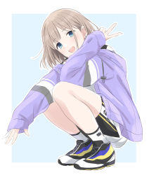 Rule 34 | 1girl, :d, absurdres, bad id, bad twitter id, blue background, blue eyes, bob cut, border, brown hair, copyright request, earrings, from side, hand up, head tilt, highres, hood, hooded jacket, jacket, jewelry, long sleeves, looking at viewer, looking to the side, medium hair, open mouth, outline, purple jacket, round teeth, sekina, shoes, short shorts, shorts, smile, socks, solo, squatting, teeth, upper teeth only, v, white border, white outline, white socks