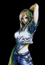 Rule 34 | 1girl, aya brea, black background, breasts, cowboy shot, denim, jeans, large breasts, looking at viewer, nomura tetsuya, official art, pants, parasite eve, shirt, short sleeves, solo, standing, white shirt