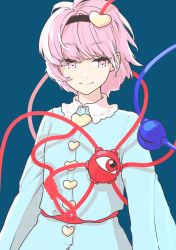Rule 34 | 1girl, arms at sides, black hairband, blouse, blue background, blue shirt, blunt bangs, buttons, closed mouth, commentary, dot nose, frilled shirt collar, frills, hair ornament, hairband, heart, heart button, heart hair ornament, highres, komeiji koishi, komeiji satori, long sleeves, looking at another, mayudtg, one-hour drawing challenge, pink eyes, pink hair, red eyes, shirt, short hair, simple background, smile, third eye, touhou, tsurime, upper body