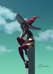 Rule 34 | 1girl, arc system works, black hair, fingerless gloves, gloves, guilty gear, guilty gear strive, hat, highres, i-no, large hat, looking to the side, okamiennoir, red hat, red thighhighs, short hair, sitting, sky, thigh strap, thighhighs, very short hair, witch hat