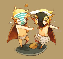 Rule 34 | 1boy, 1girl, blonde hair, brother and sister, cape, chibi, glider (artist), guraida, hentai kamen, kagamine len, kagamine rin, object on head, panties, panties on head, short hair, siblings, striped clothes, striped panties, twins, underwear, vocaloid