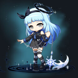 Rule 34 | 1girl, black footwear, black hairband, black ribbon, black shirt, black skirt, black sleeves, blue hair, breasts, copyright request, detached sleeves, full body, grey eyes, hair ribbon, hairband, halo, highres, holding, holding weapon, long hair, long sleeves, looking at viewer, nekono rin, parted lips, pleated skirt, ribbon, shirt, shoes, skirt, sleeveless, sleeveless shirt, small breasts, solo, standing, standing on one leg, striped clothes, striped thighhighs, thighhighs, very long hair, weapon, weapon request
