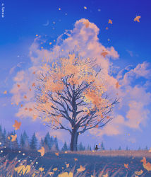 Rule 34 | 1other, artist name, autumn, autumn leaves, blue sky, cloud, commentary, crescent moon, english commentary, falling leaves, grass, landscape, leaf, moon, nature, original, outdoors, reinforced, scenery, sky, solo, standing, tree, very wide shot