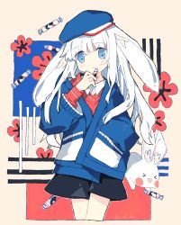 &gt;_&lt; 1girl :d animal_ear_fluff animal_ears black_skirt blue_eyes blue_hat blue_jacket blush candy commentary cropped_legs english_commentary floppy_ears flower food hand_in_pocket hat holding holding_candy holding_food jacket long_hair long_sleeves melanbread open_mouth pocket rabbit rabbit_ears rabbit_girl red_shirt shirt signature skirt smile white_hair white_rabbit_candy xd