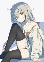 Rule 34 | 1girl, bare shoulders, black thighhighs, breasts, brown eyes, camisole, cleavage, collarbone, commentary request, expressionless, gotyou, grey hair, grey jacket, head tilt, highres, jacket, knee up, long hair, long sleeves, looking at viewer, no shoes, off shoulder, original, simple background, sitting, solo, strap slip, thighhighs, thighs, white background, zettai ryouiki