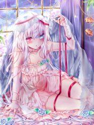 Rule 34 | 1girl, bad id, bad pixiv id, bed, casual, choker, dress, flower, heterochromia, long hair, looking at viewer, original, parted lips, silver hair, sitting, solo, tetsu tissue, veil, white dress